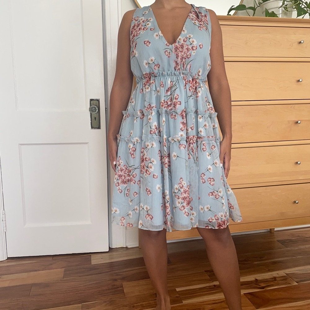 Romantic light blue chiffon floral dress with ruffle detailing size small